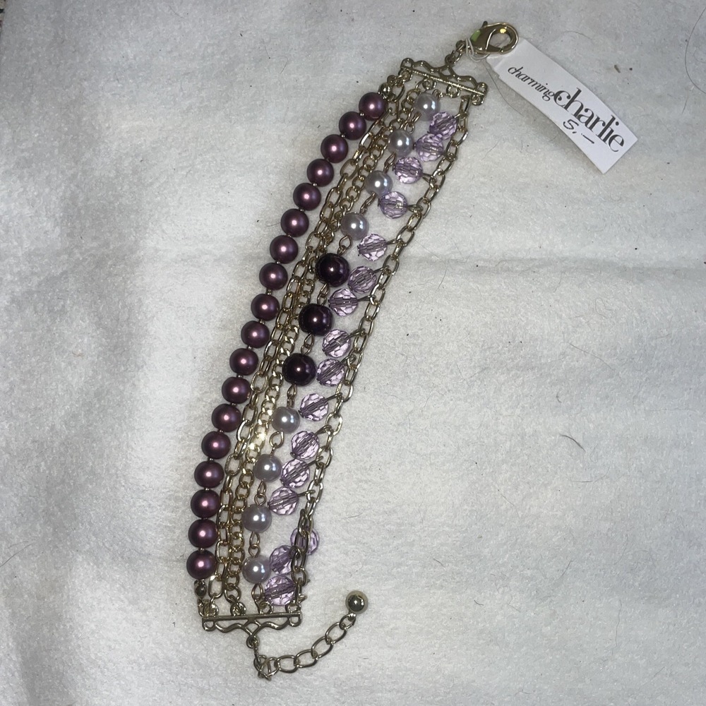 Chunky Bracelet Gold Tone Metal‎ Purple Faux Pearls And Lavender Faceted Beads